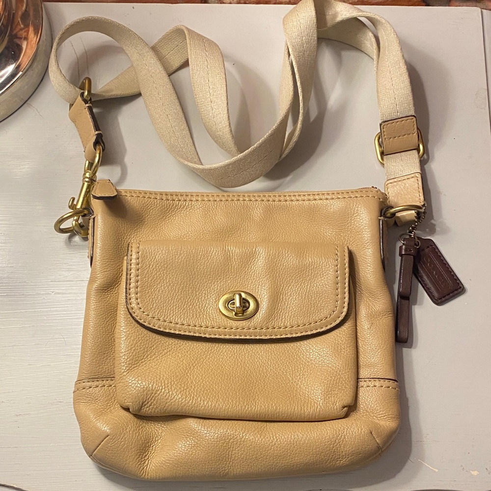 Coach Tan Leather Crossbody Bag with Canvas Strap